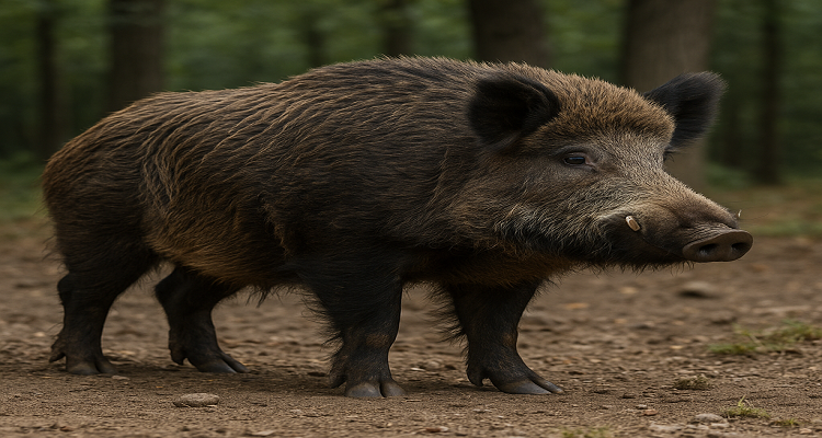 An image of a wild boar standing alone in an opening with trees in the background.